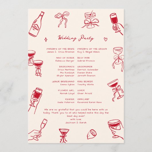 Rode Hand getrokken bruiloft Programma (Achterkant)