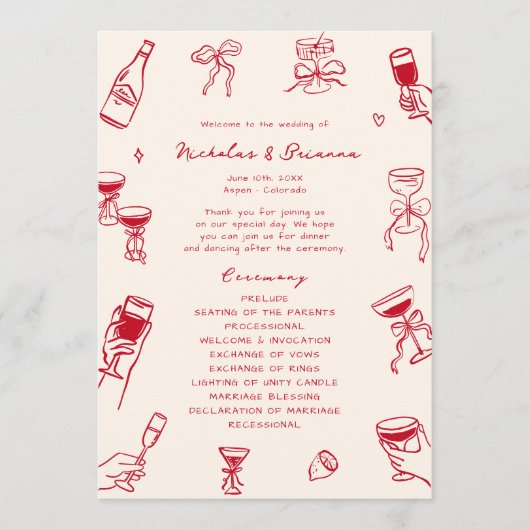 Rode Hand getrokken bruiloft Programma (Voorkant)