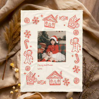 Rode Hand Getrokken Doodle Whimsical Foto Kerstmis Fleece Deken