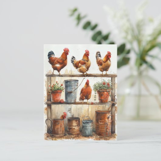 Rode Hanen op Pottenbank Roestige Emmers Briefkaart (Staand voorkant)