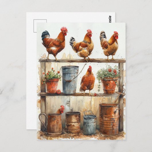 Rode Hanen op Pottenbank Roestige Emmers Briefkaart (Voorkant / Achterkant)