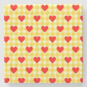Rode Hart Gele Gingham Valentijnsdag Stenen Onderzetter (Voorkant)