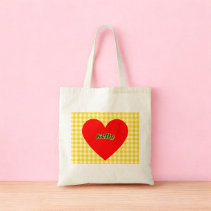 Rode Hart Gele Gingham Valentijnsdag Tote Bag