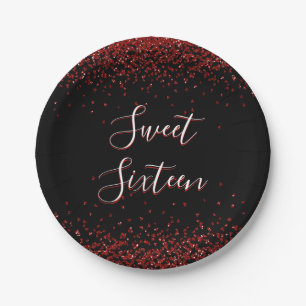 Rode Hart Glitter Sparkle Sweet Zestien Verjaardag Papieren Bordje