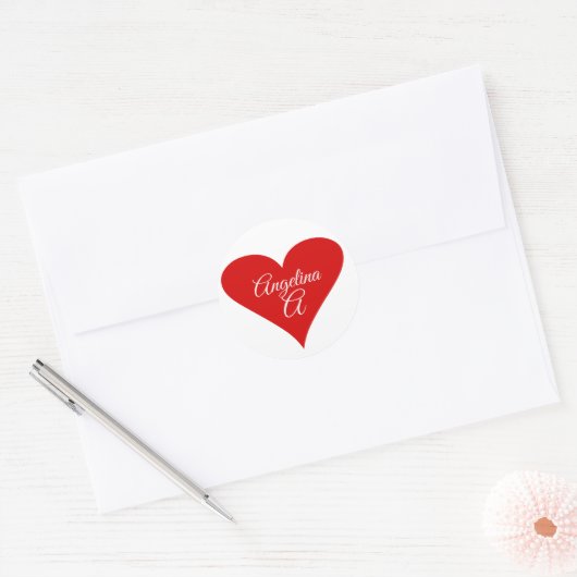 Rode Hart Liefde Valentijnsdag Naam & Monogram Ronde Sticker (Envelop)