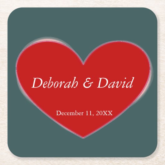 Rode Hart Slate Grijs Script Bruiloft Vierkante Kartonnen Onderzetter (Voorkant)