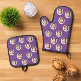 Rode harten aangepaste kinderfoto paars ovenwant & pannenlap set