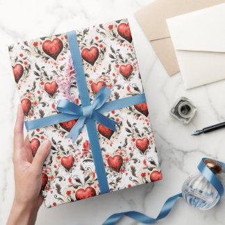  Rode Harten en Bloemen  Cadeaupapier