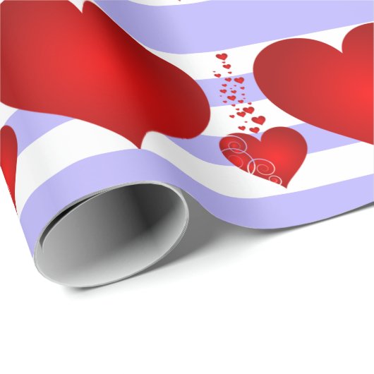 Rode harten en Paarse en witte strepen Cadeaupapier (Rol Hoek)