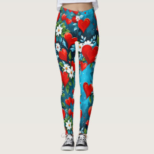Rode harten en witte bloemen turquoise blauw leggings