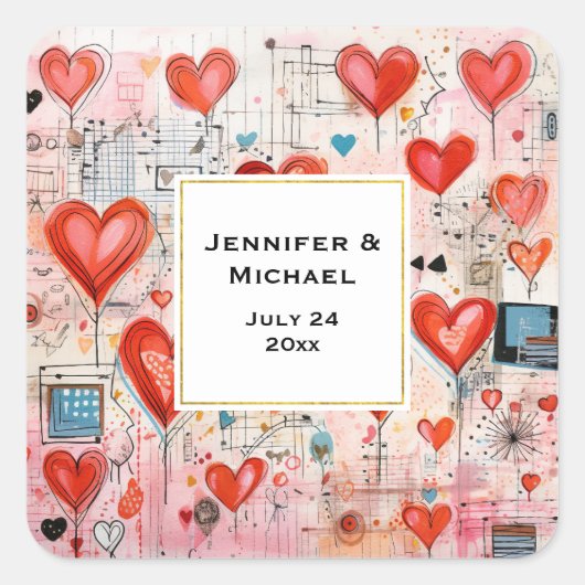 Rode harten grillige liefde patroon bruiloft datum vierkante sticker (Voorkant)