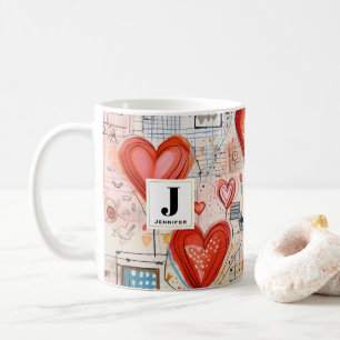 Rode harten grillige liefde patroon monogram koffiemok