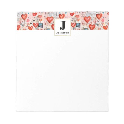 Rode harten grillige liefde patroon monogram notitieblok (Voorkant)