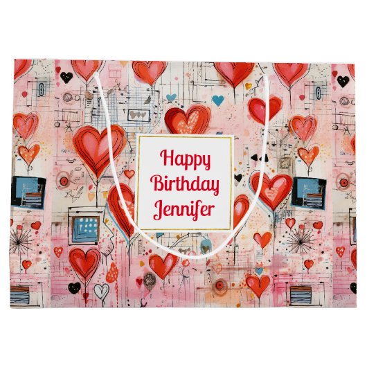 Rode harten grillige liefde patroon verjaardag groot cadeauzakje (Achterkant)