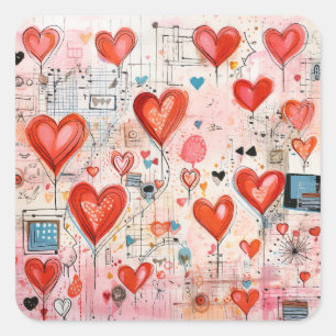 Rode harten grillige liefde patroon vierkante sticker