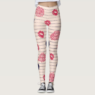 Rode harten, lippen, madeliefjes patroon. leggings