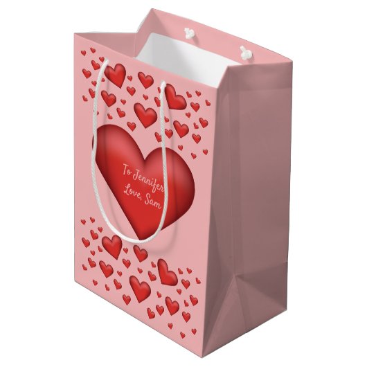 Rode harten met aangepaste tekst medium cadeauzakje (Achterkant Gekanteld)