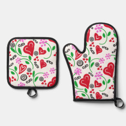 Rode harten roze bloemen ovenwant & pannenlap set
