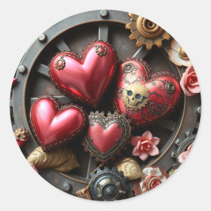 Rode Harten, Schedel, Bloemen Steampunk Ronde Sticker