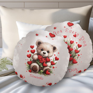 Rode Hartjes Schattige Teddybeer & Rozen Valentijn Rond Kussen