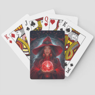 Rode Heks Met Kristallen Bol En Verbazingwekkende  Pokerkaarten