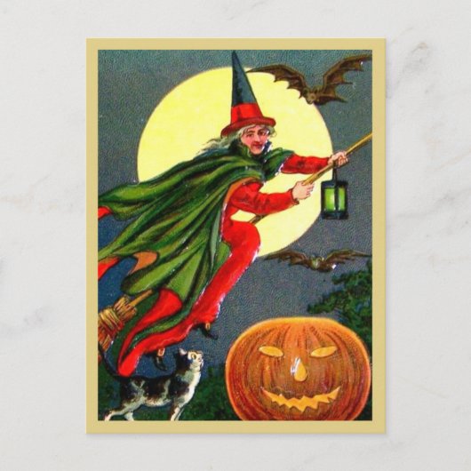 Rode heks op Broomstick -  Halloween Briefkaart (Voorkant)