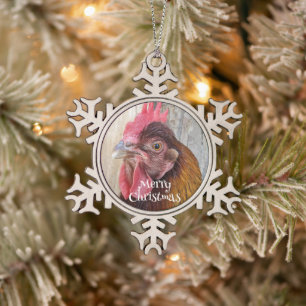 Rode Hen Kip Foto Tin Sneeuwvlok Ornament