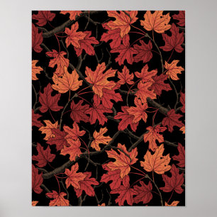 Rode herfst esdoornbladeren op zwart poster