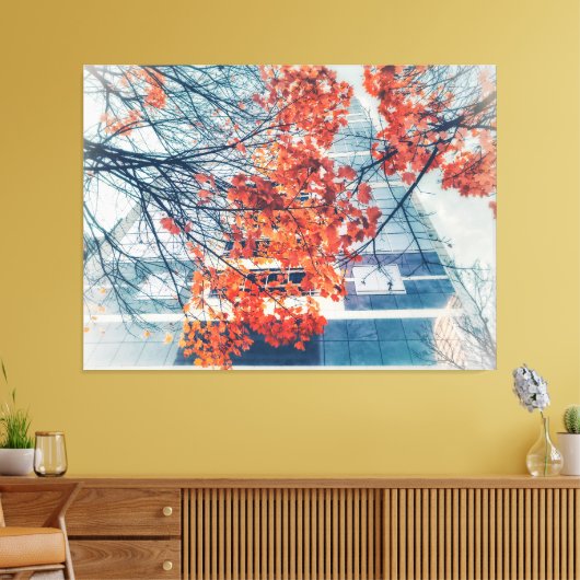 Rode herfstbladeren en stadsgebouw canvas afdruk (Insitu (Woonkamer))
