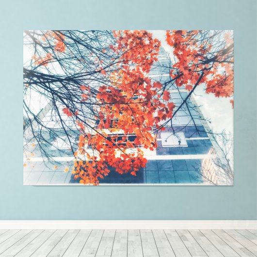 Rode herfstbladeren en stadsgebouw canvas afdruk (Insitu (Houten vloer))
