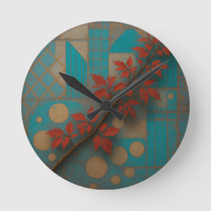 Rode Herfstbladeren Turquoise Geometrisch Mozaïek Ronde Klok
