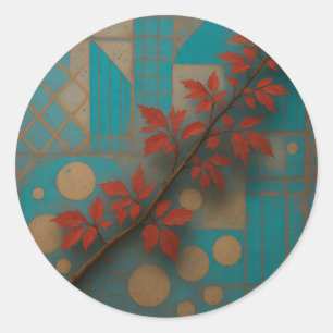 Rode Herfstbladeren Turquoise Geometrisch Mozaïek Ronde Sticker