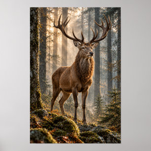Rode hertenbok in gouden boslicht wildlife wand poster