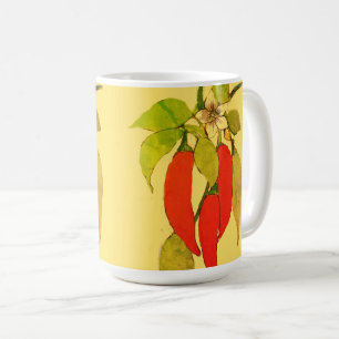 Rode hete chilipepers op wijnstok groene bladeren koffiemok