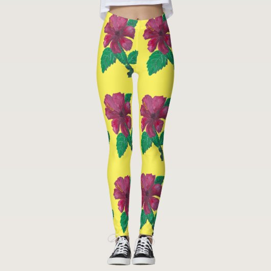 rode hibiscus bloem leggings (Voorkant)