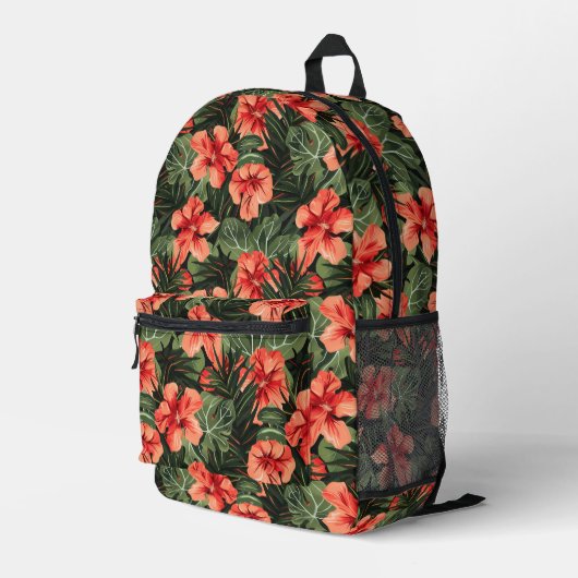 Rode Hibiscus Bloemen Bedrukte Rugzak (Achterkant Hoek Rechts)