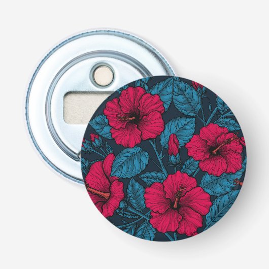 Rode hibiscus bloemen button flesopener (Voorkant)