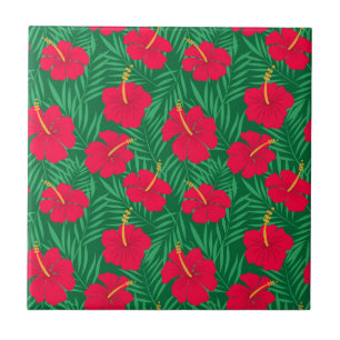 Rode Hibiscus Bloemen op Groene Tropische Bladeren Tegeltje