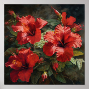 Rode Hibiscus Bloemenkunst Print Poster