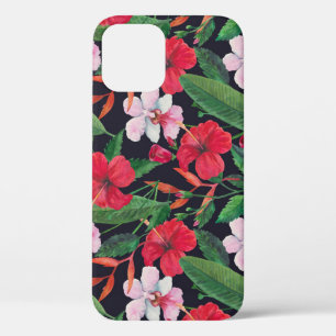 Rode hibiscus, orchideeën, tropische waterverf. iPhone 12 hoesje