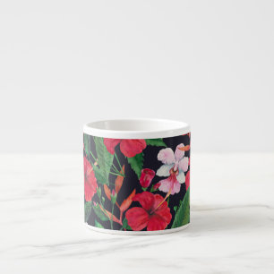 Rode hibiscus, orchideeën, tropische waterverf. espresso kop