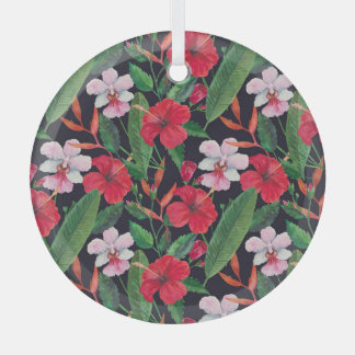 Rode hibiscus, orchideeën, tropische waterverf. glas ornament
