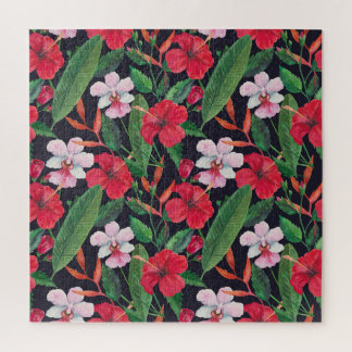 Rode hibiscus, orchideeën, tropische waterverf. legpuzzel