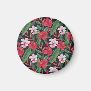 Rode hibiscus, orchideeën, tropische waterverf. magneet