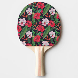 Rode hibiscus, orchideeën, tropische waterverf. tafeltennisbatje