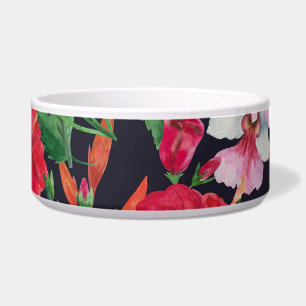 Rode hibiscus, orchideeën, tropische waterverf. voerbakje