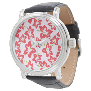 Rode Hibiscus, Rode Bloemen, Bloempatroon Horloge