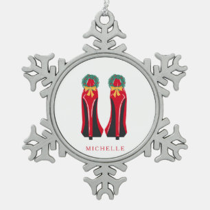 Rode Hoge Hakken met Kerstkransen Tin Sneeuwvlok Ornament