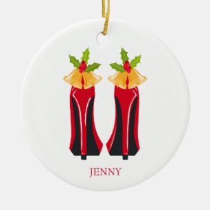 Rode Hoge Hakken met Kerstmisklokken Keramisch Ornament