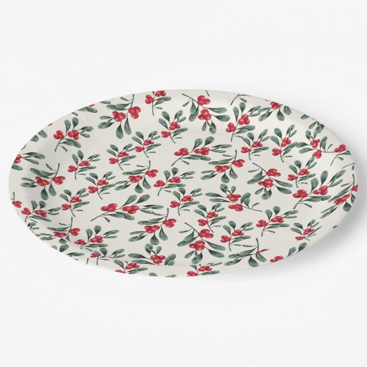 Rode Holly bessen Groene maretak bladeren Papieren Bordje (Gekanteld)